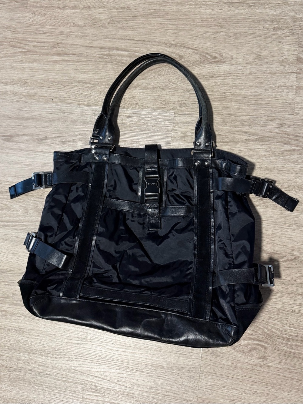Black Vintage Y2K DKNY Large Shoulder Tote with Leather, Suede and Nylon